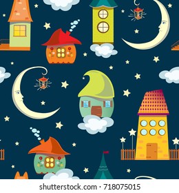 Cute seamless background with fairy tale houses, moon, clouds and stars.