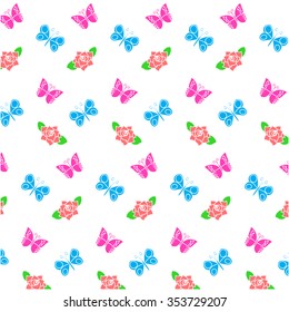 Cute seamless background, flowers and butterflies in cartoon style.