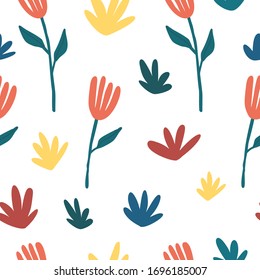 Cute seamless background with flowers and leaf in naive style. Spring and summer abstract wallpaper with geometric shape and leaves. Hand drawn nature backdrop in scandinavian style. Vector.
