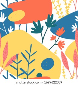 Cute seamless background with flowers and leaf in naive style. Spring and summer abstract wallpaper with geometric shape and leaves. Hand drawn nature backdrop in scandinavian style. Vector.