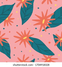 Cute seamless background with flowers and leaf in naive style. Spring and summer abstract wallpaper with geometric shape and leaves. Hand drawn nature backdrop in scandinavian style. Vector.