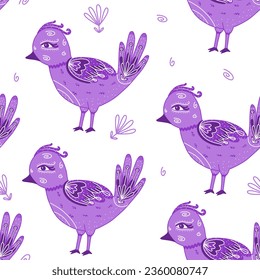 Cute seamless background of folk bird with ornament in purple color