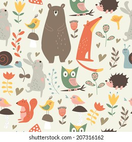 Cute seamless background with forest animals, mushrooms, birds and flowers in cartoon style