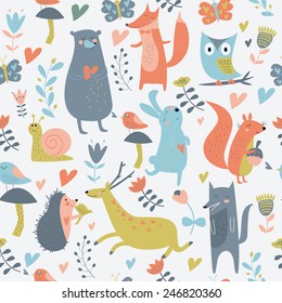 Cute Seamless Background With Forest Animals, Birds And Flowers In Cartoon Style