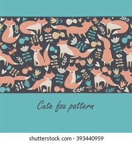 Cute seamless background with cute foxes and flowers in cartoon style