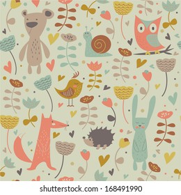 Cute seamless background with funny bear, owl, rabbit, fox, snail, hedgehog, bird and flowers in cartoon style.