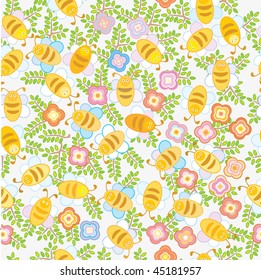 Cute seamless background with funny bees  in flowers