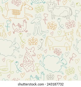 Cute seamless background with funny bunnies, birds, pig, cow, ox, butterfly, dog, cat, goose, duck, sheep, hen and horse in cartoon style.