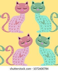 Cute seamless background with funny cats and flowers in cartoon style