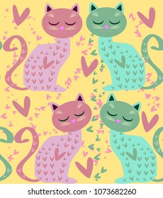 Cute seamless background with funny cats and flowers in cartoon style