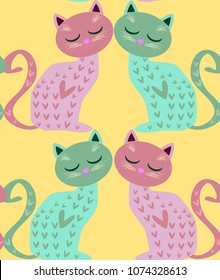 Cute seamless background with funny cats and flowers in cartoon style