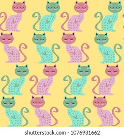 Cute seamless background with funny cats and flowers in cartoon style