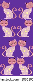 Cute seamless background with funny cats and flowers in cartoon style