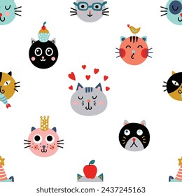 Cute seamless background with funny cats in cartoon style. Can be used for wallpaper, pattern fills, web page background,textile, postcards.