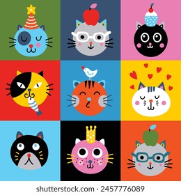 Netter nahtloser Hintergrund mit lustigen Katzen. Kann für Bildschirmhintergrund, Musterfüllungen, Web-Seitenhintergrund, Textil, Postkarten verwendet werden.