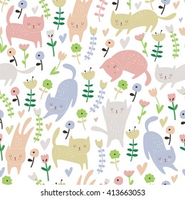 Cute seamless background with funny cats and flowers in cartoon style