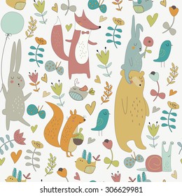 Cute seamless background with funny forest animals, birds and flowers
