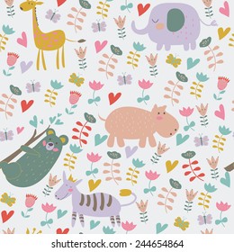 Cute seamless background with funny giraffe, elephant, zebra, hippo, koala and flowers in cartoon style.