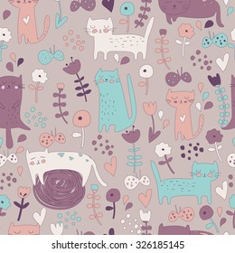 Cute seamless background with funny kittens, flowers and butterflies in cartoon style