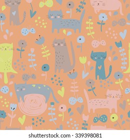 Cute seamless background with funny kittens, flowers and butterflies in cartoon style
