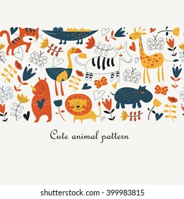 Cute seamless background with funny lion, tiger, alligator, ostrich, hippo, rhino, giraffe, flowers and butterflies in cartoon style