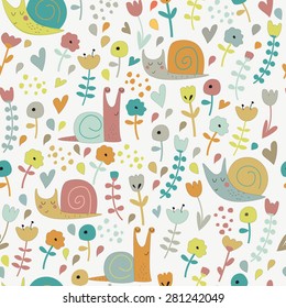 Cute seamless background with funny snails and flowers in cartoon style