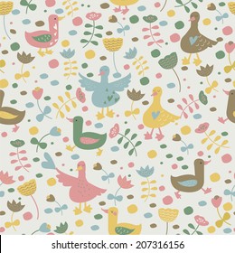Cute seamless background with geese  and flowers in cartoon style