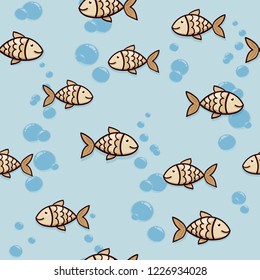 Cute seamless background with goldfish, bubbles and waves. Repeating fishing pattern.