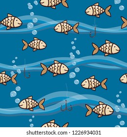 Cute seamless background with goldfish, bubbles and waves. Repeating fishing pattern.