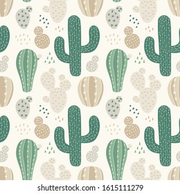 Cute seamless background with hand drawn cactus in scandinavian style, neutral colors botanical pattern, can be used for kids nursery textile and fabrics, wallpaper etc, vector illustration