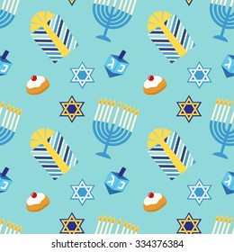 Cute seamless background for Hanukkah with menorah,dreidel, latkes, present box and David star for your decoration