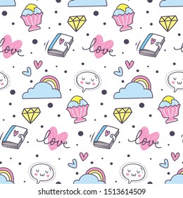 Cute seamless background with heart and rainbow