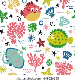 Cute seamless background with hearts, fishes, corals and seashells. Sea theme.