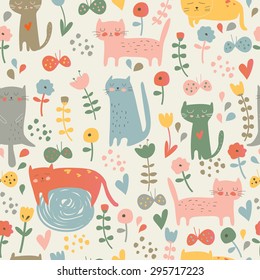 Cute seamless background with cute kittens, flowers and butterflies in cartoon style