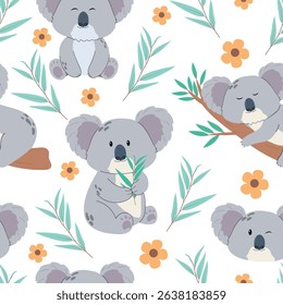 Cute seamless background with koalas and eucalyptus. Creative children's vector illustration for scrapbook paper, prints, background, wallpaper, fabric.	