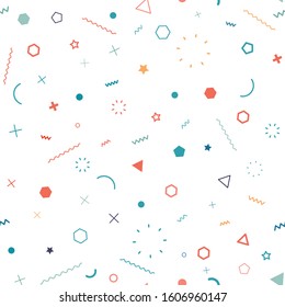 Cute seamless background. Memphis pattern. Flat concept. Fashion 80s-90s. Retro funky graphic. School geometric print illustration element. Repeat banner. Vector template. Minimalist color backdrop