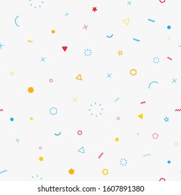 Cute seamless background. Memphis pattern. Flat concept. Fashion 80s-90s. Retro funky graphic. School geometric print illustration element. Repeat banner. Vector template. Minimalist color backdrop