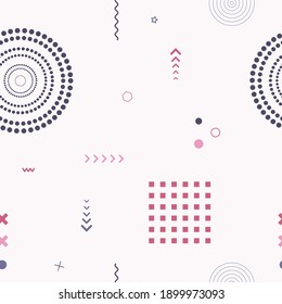 Cute seamless background. Memphis pattern. Flat concept. Fashion 80s-90s. Retro funky graphic. Vintage geometric print illustration element. Repeat banner. Vector template. Minimalist color backdrop