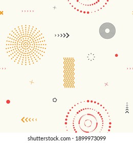 Cute seamless background. Memphis pattern. Flat concept. Fashion 80s-90s. Retro funky graphic. Vintage geometric print illustration element. Repeat banner. Vector template. Minimalist color backdrop