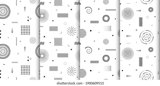 Cute seamless background. Memphis pattern. Flat concept. Fashion 80s-90s. Retro funky graphic. Vintage geometric print illustration. Black and white vector template for poster, cover, flyer, gift card