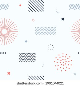 Cute seamless background. Memphis pattern. Flat concept. Fashion 80s-90s. Retro funky graphic. Vintage geometric print illustration element. Repeat banner. Vector template. Minimalist color backdrop