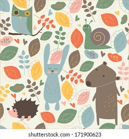 Cute seamless background with owl, snail, hedgehog, bear and rabbit in autumn forest. Can be used as wallpapers or pattern fill.