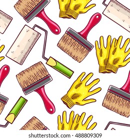 cute seamless background of painter working tools. hand-drawn illustration