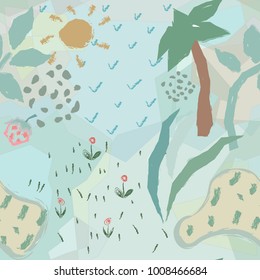 Cute seamless background with palms, field, sun, grass. Cute childish abstract design. Vector Illustration