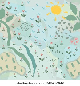 Cute seamless background with palms, field, sun, grass. Cute childish abstract design. Vector Illustration