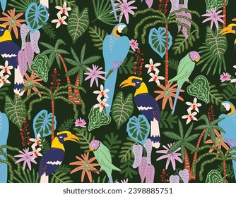 Cute Seamless background parrots, tropical flowers, leaves. , Design for fashion , fabric, textile, wallpaper , wrapping and all prints 