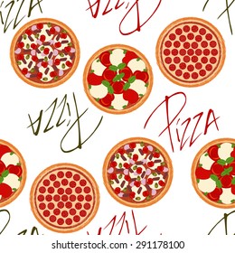 Cute seamless background pattern with 	
different types of pizzas on the white fond. Vector illustration eps 10