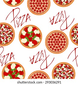 Cute seamless background pattern with 	
different types of pizzas. Vector illustration eps 10