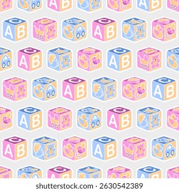 A cute seamless background pattern featuring blue and pink baby building blocks. Editable vector available.