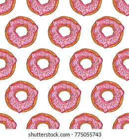 cute seamless background of pink donuts. hand-drawn illusrtration